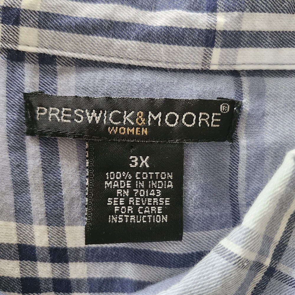 Preswick & Moore Womens 3X Blue White Plaid 3/4 Sl Cotton Button Shirt Top - Picture 4 of 4